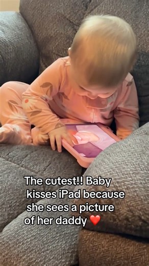 The CUTEST!! Baby kisses her iPad once she sees it has picture of her daddy on it. It shows how strong of a bond she has with her dad🥹 #reelsvideoシ | Blendedlikefamily
