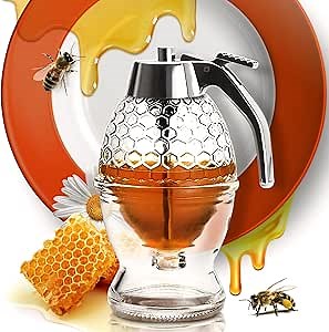 Glass Honey Dispenser – No Drips, No Trails Honey Container 8 Oz with Stand – Easy to Clean Honey Pot – Honey Jar with Dipper – Maple Syrup Dispenser – Syrup Holder with Honeycomb Design