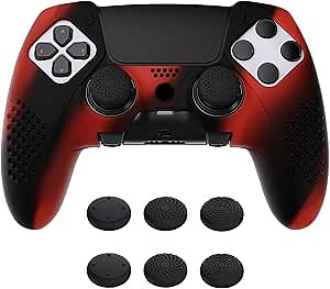 PlayVital 3D Studded Edition Anti-Slip Silicone Cover Case for ps5 Edge Controller, Soft Rubber Protector Skin for ps5 Edge Wireless Controller with 6 Thumb Grip Caps - Red & Black