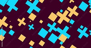 Abstract geometric pattern of plus sign background in loop. Multicolor background with simple and clean elements moving over solid color. Oscillating loop animation. Cross and squares animation