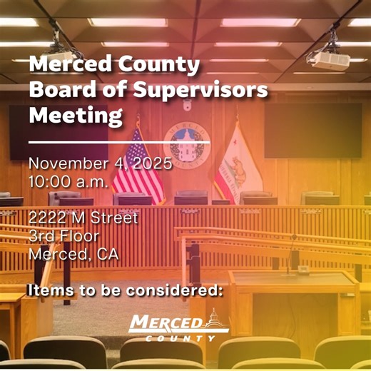 Tuesday’s Board of Supervisors meeting starts at 10 a.m. Watch it on Facebook Live or on government access channels: 96 (Comcast) and 99 (AT&T). Agenda: www.countyofmerced.com/boardagenda Meeting details/video: www.countyofmerced.com/bos Board calendar: https://tinyurl.com/4nhjtrz3 #MercedCountyBOS | Merced County