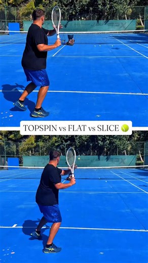 Topspin vs Flat vs Slice 🎾 🎯 When should you use them and why? A heavy topspin shot is the safest option. It increases your margins and allows you to play high percentage tennis, but also makes it harder for your opponent to attack you. A good deep topspin shot will push your opponent back and make it much harder for them to take the ball on the rise or be aggressive off your shot. It’s a great way to construct points. 🎯 A flat shot is higher risk, but you also have higher rewards. Because th