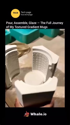 Tech page on Instagram: "The journey of creating textured gradient mugs begins with a smooth pour of liquid clay into carefully crafted molds, allowing each mug to take shape with clean curves and consistent thickness. Once the clay firms up, the pieces are removed from the molds and assembled with precision—handles are shaped, attached, and blended seamlessly into the body, giving each mug its unique handmade character. After drying, the real magic happens during glazing, where layers of color 