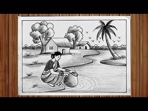 How to draw Rural scenery drawing with working woman / pencil drawing step by step