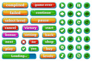 Cartoon casual video games user interface buttons. casual 2d game interface play, pause, stop, game over buttons vector illustration set. mobile game user interface buttons | Premium Vector