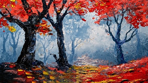 Beautiful autumn landscape oil painting with golden trees and detail
