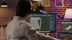 Asian technician using industrial software to create product component, engineering blueprint cad with machienry engine for manufactory. Developing container production on advanced interface.