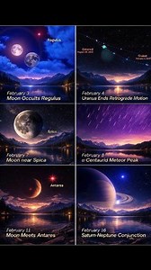 👉February Sky Highlights February brings a lineup of beautiful sky events, from close Moon–star encounters to important planetary changes. Step outside on clear nights and watch the sky in action. --- 🌙 February 3 – Moon Covers Regulus The Moon moves directly in front of Regulus, the bright star known as the “Heart of the Lion” in Leo. For a brief moment, the star will vanish behind the Moon and then pop back into view. With binoculars or a small telescope, this is a thrilling sight. --- 🪐 Fe