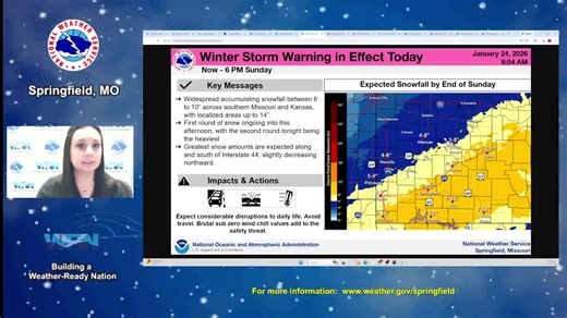 [1/24/2026 10AM] Here is a quick weather briefing on the Winter Storm that's expected to continue through tonight and into tomorrow. | US National Weather Service Springfield Missouri