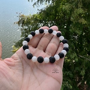 Lava Rock & Clear Quartz Bracelet – 7.5” Stretchy | Essential Oil Diffuser
