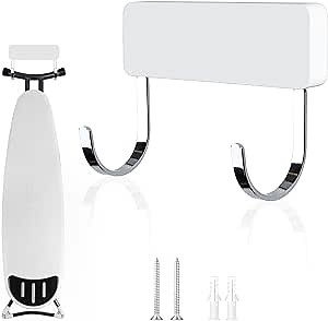 Ironing Board Holder Wall Mount, Wood and Metal Ironing Board Hanger Up to 33lb Load Capacity, Iron Holder Wall Mounted for Laundry Room Organization and Storage, White