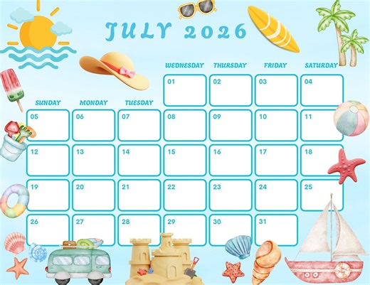 2026 JULY Monthly Calendar - Cute Printable 2026 Planner for Kids, Home School Work Office Organizer, Printable PDF, Instant Download - Etsy