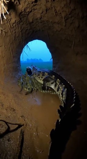 Nursing Crocodile Faces Rear Surge at Mud Den