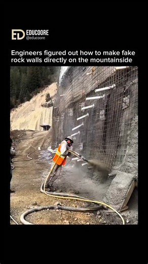 Edu Coore on Instagram: "The technique of creating fake rock walls on a mountainside is primarily achieved using shotcrete or gunite, which are forms of pneumatically applied concrete or mortar The process involves spraying a high-velocity mixture of cement, sand, and water (shotcrete) onto a prepared slope. This creates a monolithic, dense, and durable layer that adheres tightly to the surface. Why (Purpose): The primary goal is to mitigate rockfall, prevent soil erosion, and provide structural