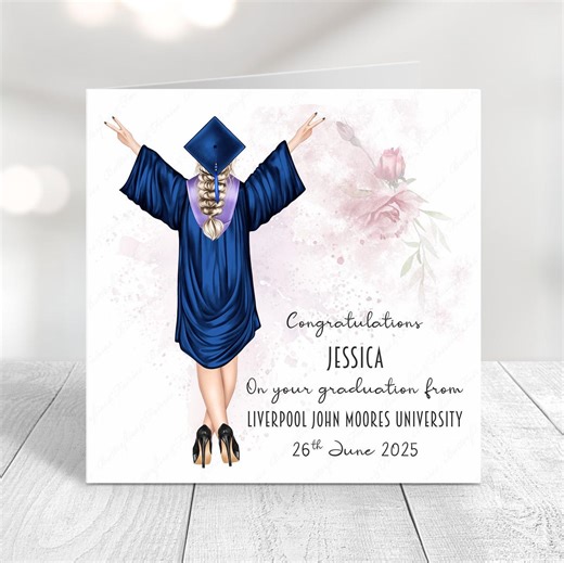 Graduation Card for Her, Personalised University Graduate Card, Choice of Hair, Gown & Ribbon Colours - Etsy