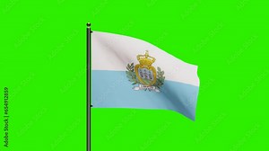 3D Rendered San Marino National Flag Waving Animation with Realistic Wind Motion, National flag of San Marino with seamless loop animation, 2K Resolution with Green Screen Background