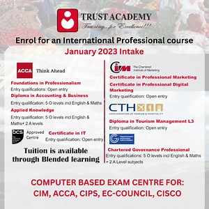 Registration is in progress for ACCA, BCS, CIM, CTH and CGP. If you are interested to start these qualifications in January 2023 register with us this December 2022. Classes commence in January 2023. These qualifications are offered at our Harare Campus and Bulawayo Campus. For more information do not hesitate to send us a WhatsApp message at 263 775 690 007 or 263 718 180 835. | Trust Academy