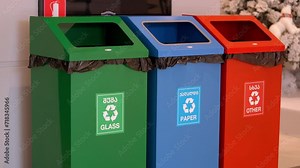 Containers for recycling of plastic, glass, metal and paper, garbage cans for sorting garbage, various types of recycling and concept of separate waste collection in city and shopping center.