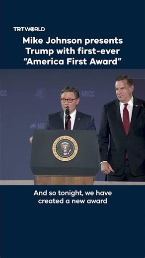 Mike Johnson presents Trump with first-ever “America First Award”