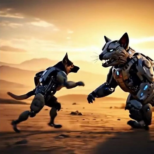 Dog fights a robotic cat to defend the helicopter