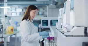 Portrait of an Asian Female Scientist in White Lab Coat Handling Multiple Test Tubes in a Modern Laboratory. Researcher Conducts Precise Experiments with the Help of Biomedical Research Techniques