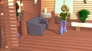 3d animation, two cartoons characters walking the wooden house