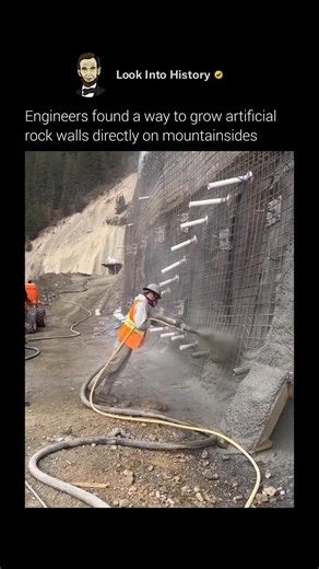 Look Into History on Instagram: "They’re not sculpting the mountain — they’re rebuilding it from scratch. 🏔️ Engineers have developed a groundbreaking system that creates artificial rock layers directly on mountainsides using high-pressure concrete and steel mesh. The process replicates the structure and strength of real rock, turning unstable slopes into solid, natural-looking formations. This innovation is transforming how we prevent landslides, reinforce cliffs, and protect roads in high-ris