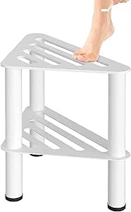Upgraded Rust-Proof Metal Corner Shower Foot Stool for Shaving Legs, Shower Foot Rest Bench for Inside Shower with Storage Shelf, Small Step Stools, Non-Slip Bath Stool (White)