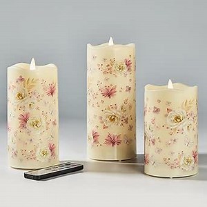Eywamage Fiber Optic Flameless Pillar Candles with Remote, Floral Butterfly Spring LED Candles Flickering Home Decor Gift Set of 3
