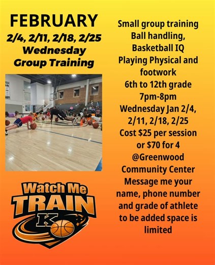 Kevin Owens on Instagram: "Small group training limit (10) Ball handling, Basketball IQ Playing Physical and footwork 6th to 12th grade 7pm-8pm Wednesday Jan 2/4, 2/11, 2/18, 2/25 Cost $25 per session or $70 for 4 @Greenwood Community Center Message me your name, phone number and grade of athlete to be added space is limited link to register below. https://ingreenwoodweb.myvscloud.com/webtrac/web/search.html?module=AR&Type=SPORT&Subtype=BBALLTR"