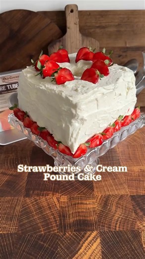 Mile High Strawberries and Cream Pound Cake in the Old Country Kitchenware Square Tube Pan! 1 pound (4 sticks) butter, room temperature 1 1/2 packages (12 oz) cream cheese, room temperature 1 teaspoon salt 1 tablespoon vanilla extract 4 cups sugar 8 large eggs, room temp. 4 ½ cups cake flour or White Lily All Purpose Flour 1 can (21 oz) strawberry pie filling Preheat oven to 300°F. Prepare Old Country Kitchenware square tube pan by brushing with pan coat (if using two piece pan, fit with a parch