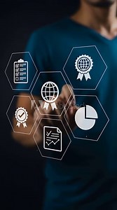 Quality Assurance: Man activating compliance and standards through digital verification icons for process control.