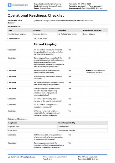 Operational Readiness Template: Use to Checklist, Plan & Review