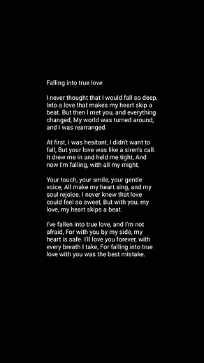 Your touch, your smile, your gentle voice, All make my heart sing, and my soul rejoice. I'll love you forever, with every breath I take, For falling into true love with you was the best mistake. 💝 Heartfelt Romantic Love Quotes For My soulmate #heartfeltlovemessage #forher #relationship #couple #lovepoem #thankyou #feeling #lovepoetry #lovelife #sadpoetry #hearttouching #boyfriend #girlfriend #husband #sweetheart #kiss #miss #longdistancerelationship #partner #romance #Romantic | Love Poems And