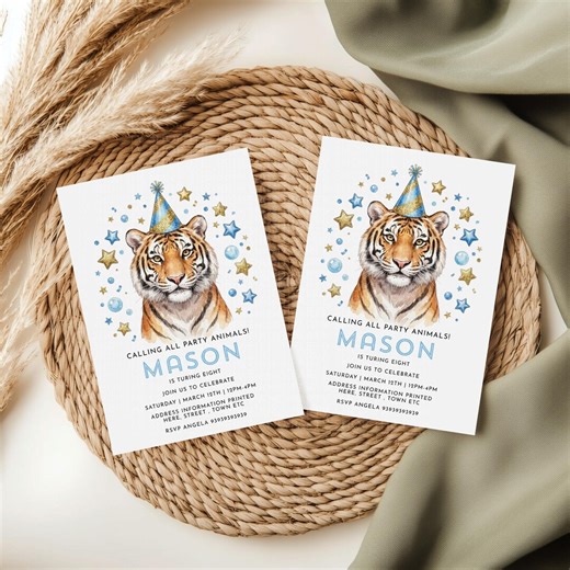 Blue Tiger Birthday Invitation, Wild Party, Editable Text (digital Download) - Etsy
