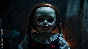 A creepy vintage doll with cracked porcelain skin and haunting eyes sits in a dark, shadowy room, adding to the uncanny atmosphere.
