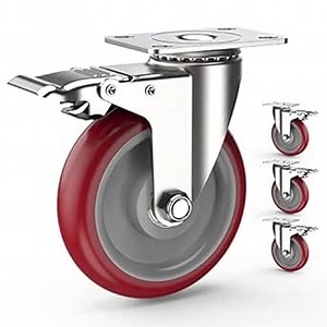 HOLKIE Heavy Duty Casters 5 inch, Plate Caster Wheels with Brakes Total Capacity 1600lbs for Furniture,Workbench (Pack of 4, Red)