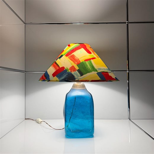 Vintage Mid-century Style Blue Glass Table Lamp With Abstract Shade - Etsy