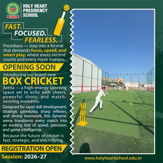 Holy Heart Presidency School on Instagram: "𝓕𝓐𝓢𝓣. 𝓕𝓞𝓒𝓤𝓢𝓔𝓓. 𝓕𝓔𝓐𝓡𝓛𝓔𝓢𝓢. Presidians — step into a format that demands focus, speed, and smart play, where every second counts and every move matters. 🅾🅿🅴🅽🅸🅽🅶 🆂🅾🅾🅽 Introducing our brand-new 𝐁𝐎𝐗 𝐂𝐑𝐈𝐂𝐊𝐄𝐓🏏 Arena — a high-energy sporting space set to echo with cheers, powerful shots, and match- winning moments. Designed for rapid skill development, strategic gameplay, sharp reflexes, and strong teamwork, this dynamic