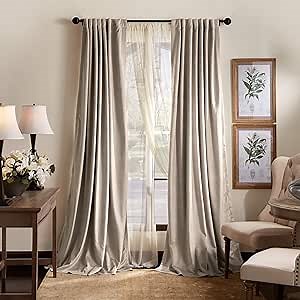 Martha Stewart Lucca Velvet Blackout Back Tab Window Curtain Panel Pair, 84", Linen Beige