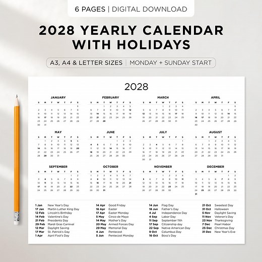 2028 Yearly Calendar With Holidays | Printable Year Overview | Minimal Yearly Planner | Sunday and Monday Start | Instant Download - Etsy