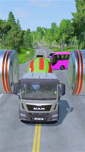 Colorful Long Cargo Trucks & school bus vs Bollards Crash – BeamNG.drive#shortvideo #beamngdrive