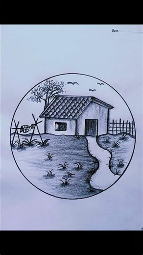 Village scenery drawing. Round scenery drawing. 🏞️💯#shortsviral #drawing #fypシ #pencilsketch
