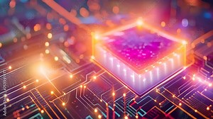 Quantum computing qubit abstract background concept. Chipset of future based on quantum physics. Energy force field and futuristic background with electronic and energetic field as quantum computing