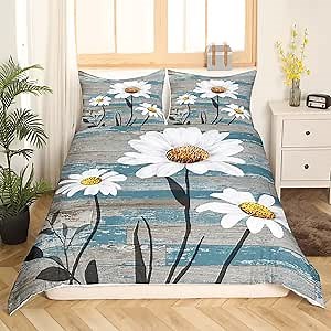 Daisy Bedding Set for Kids Boys Girls Botanical Floral Printed Comforter Cover Set Full Size Natural Theme Duvet Cover Bedroom Decor Wood Grain Blue White Bedspread Cover Bedding Collection 3Pcs