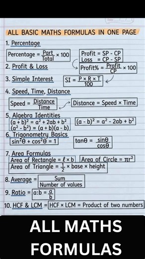 All Maths Formulas in One Page 🔥| Learn All Basics in 10 Minutes #easylearning #maths #mathstricks