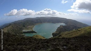 Aerial view of Lagoa do Fogo, a crater lake within the Água de Pau Massif stratovolcano in the center of the island of São Miguel in the Portuguese archipelago of the Azores