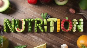 The word "Nutrition" creatively formed using fresh fruits and vegetables on a wooden surface, emphasizing healthy eating, natural foods, and the importance of nutrition
