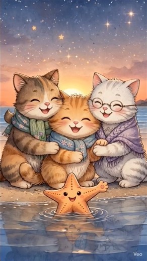 Ginger's kind heart saved a little starfish ⭐ Mama, Grandma & Ginger at sunset 🌅 meow meow🐈✨