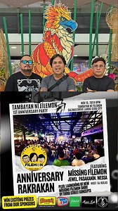TAN-AWA⚠️ Mag saulog sa unang anibersaryo ang Tambayan Ni Filemon Foodpark karong November 15, 2024, Friday Manukar ang Wessa, Jewel Villaflores, Pasakanin ug kami, ang Missing Filemon Hosted by DJ KulasniDuh of iFM 93.9 Cebu Kitakits ta mga bai! SPECIAL THANKS: Natasha Cebu Branch Third Street Concepts Alberto's Pizza Music Lab Sukang Tuba ni Insoy Tita Koreana | Missing Filemon